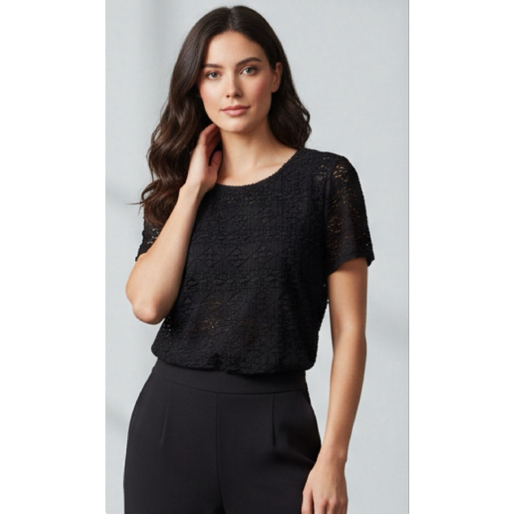 East 5th Woman Black Lace Short Sleeve Tee 1X